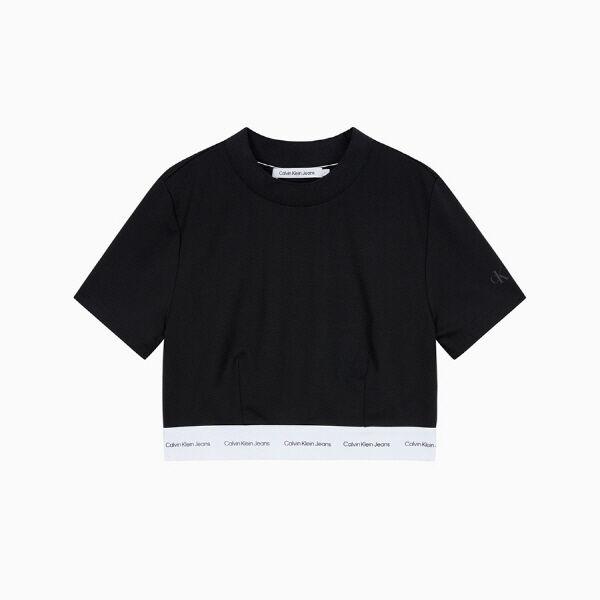 [CK] 여 블랙 로고 헴 하이넥 반팔 크롭 티셔츠 J219617 BEH