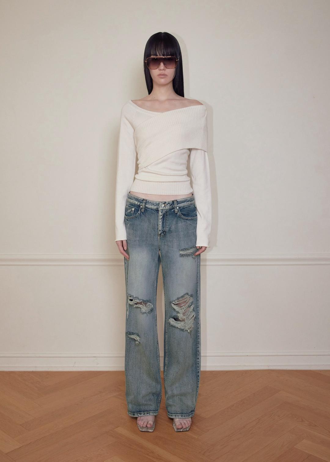 ONE-SHOULDER RIBBED KNIT, IVORY