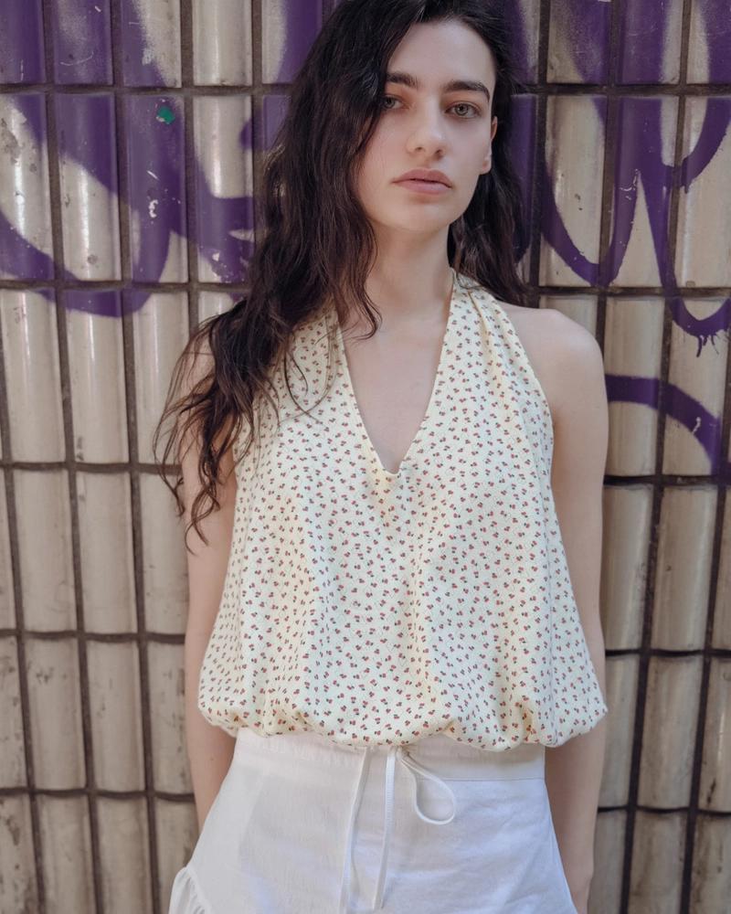 MERENS - FLORAL EYELET HALTER TOP_CREAM
