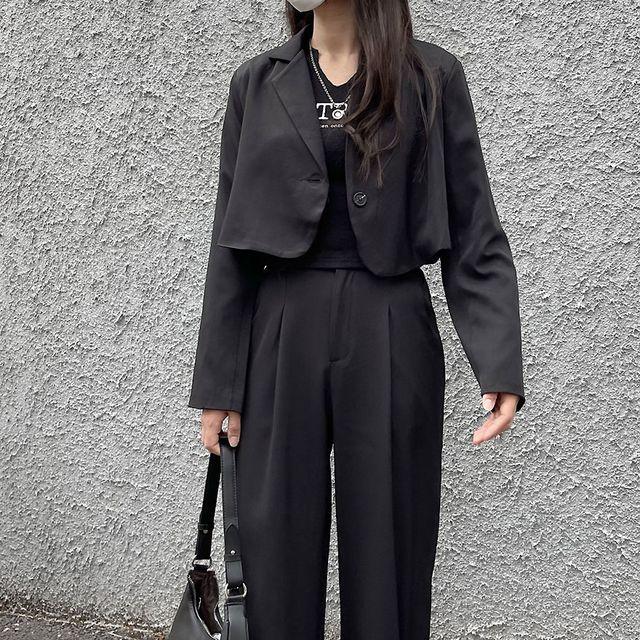 원트 크롭 자켓+와이드 슬랙스 셋업 (블랙,그레이)