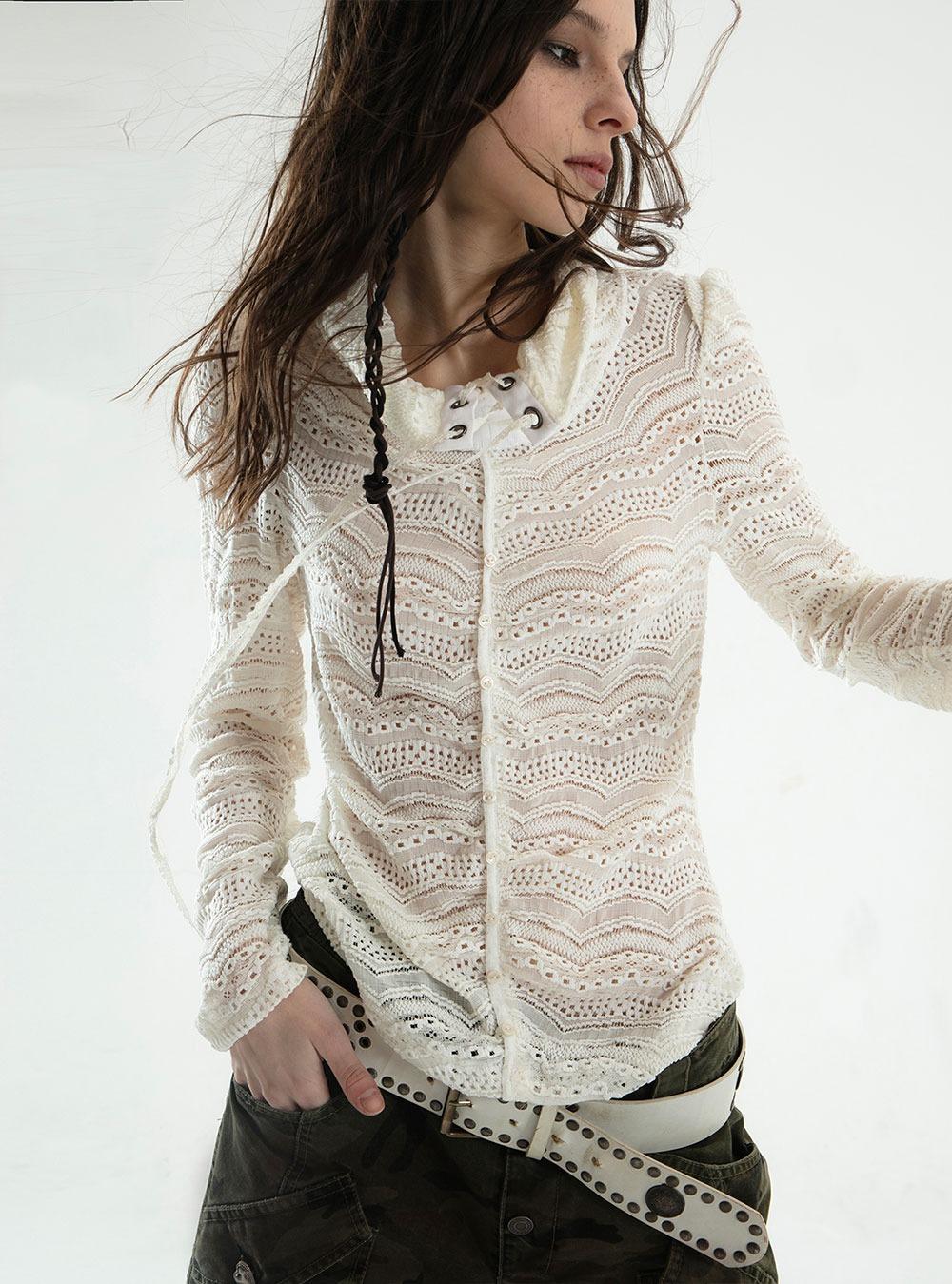 strap slim jacquard lace hollow long-sleeved