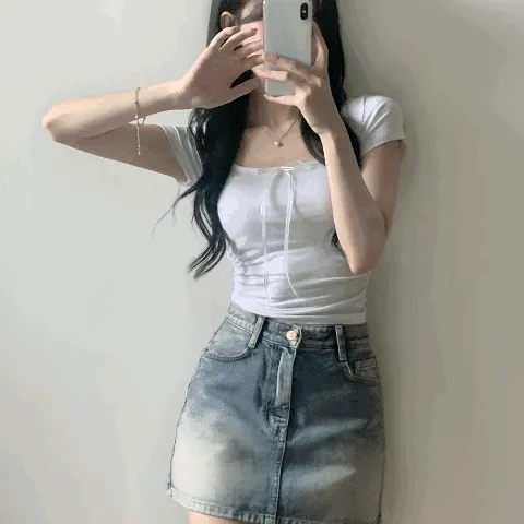 [존예핏보장💗/몸매보정] 리본 스퀘어넥 셔링 반팔/ 발레코어 몸매보정 쫀쫀핏 글램핏