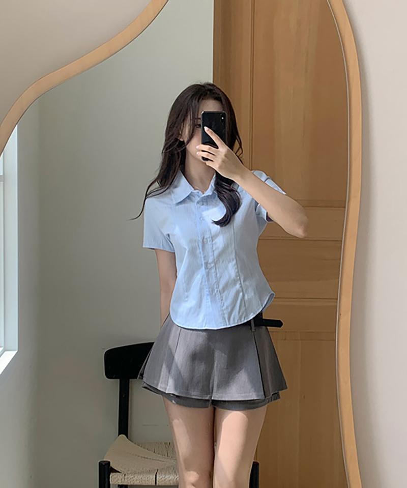 제이블린 푸파 스트라이프 반팔 셔츠 블라우스