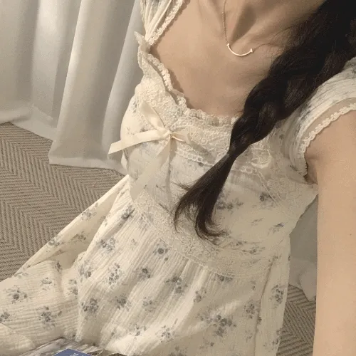 그릭 홈드레스 : 요루 순면 플라워 원피스 잠옷 리본 나시 민소매 레이스 파자마