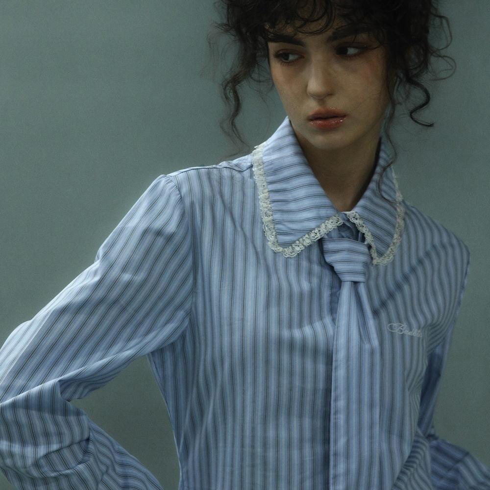 Stripe Lace Tie Shirt Blue