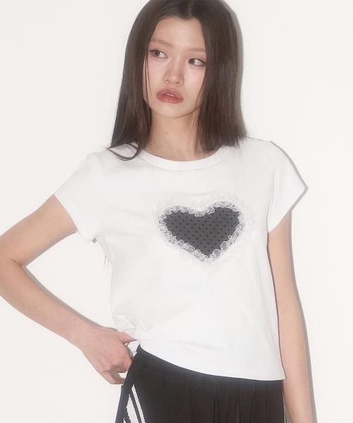 레이스 하트 도트 티셔츠 화이트