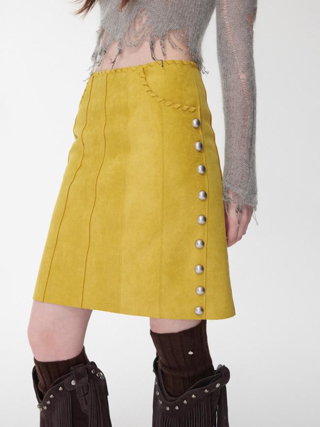 [1JINN STUDIO] Suede A-Line Midi Skirt with Rivets