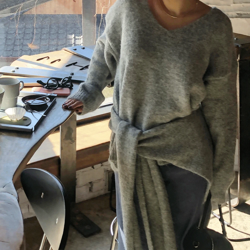 레이어드 숄 오버핏 v넥 랩 울 니트