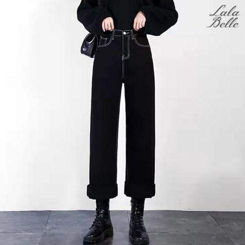 라라벨 여성 스티치 데님팬츠 와이드핏 블랙 데님 세미와이드 팬츠 - 청바지 | 쿠팡