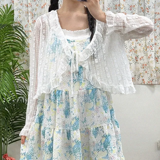 (빅사이즈) 라프레 레이스 가디건 프릴 리본 망사 볼레로