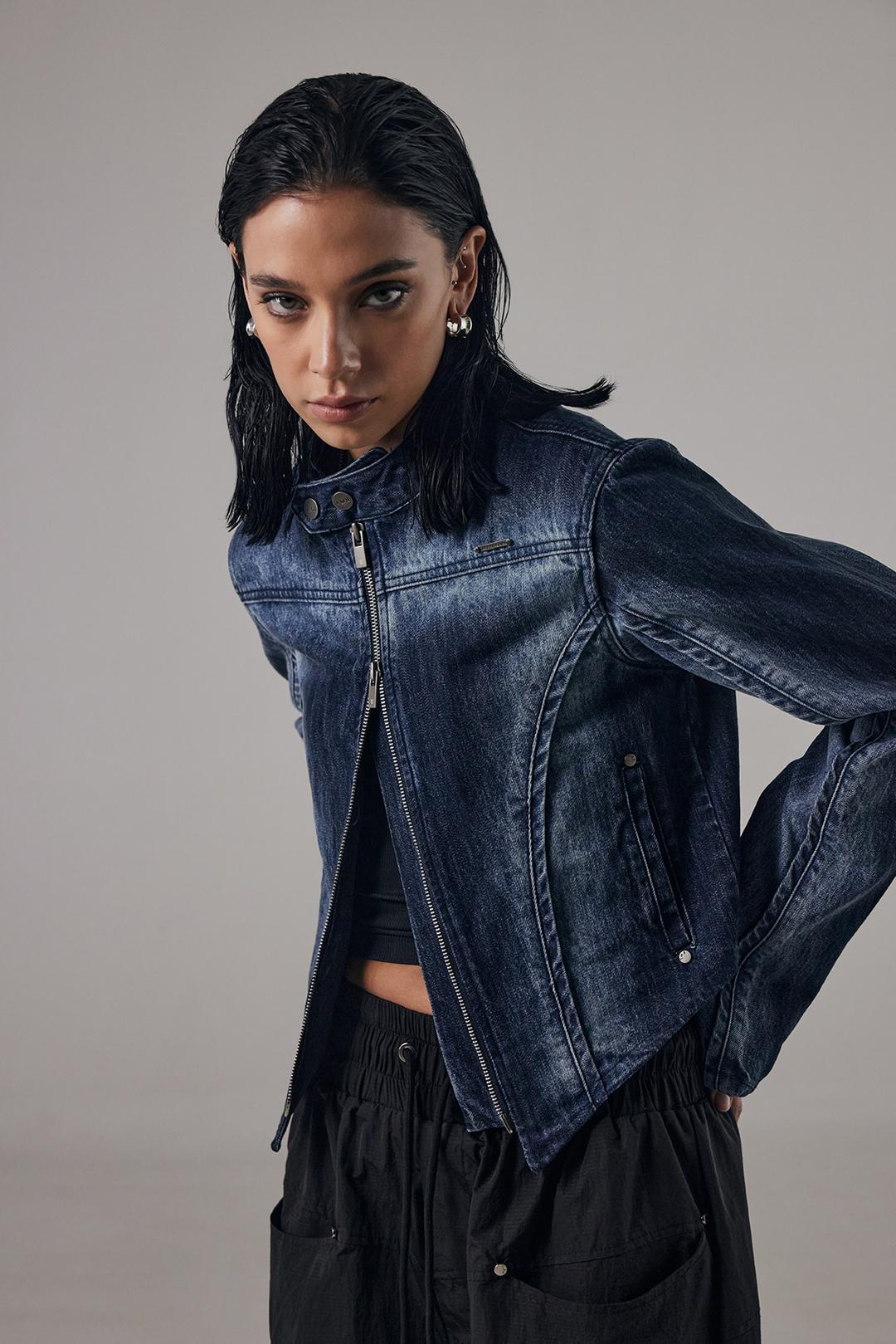 V-Shape Denim Biker Jacket [ Blue ]