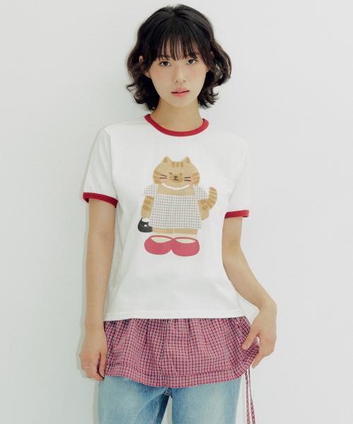 CAT in a dress 체크 패치 세미 크롭 링거 반팔 티셔츠 ACR604 (아이보리)