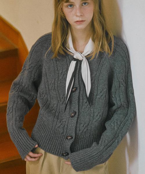 빈티지 케이블 울 니트 가디건_그레이