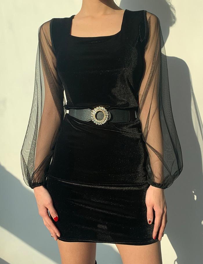 스퀘어넥 시스루 퍼프 벨벳 미니 원피스
