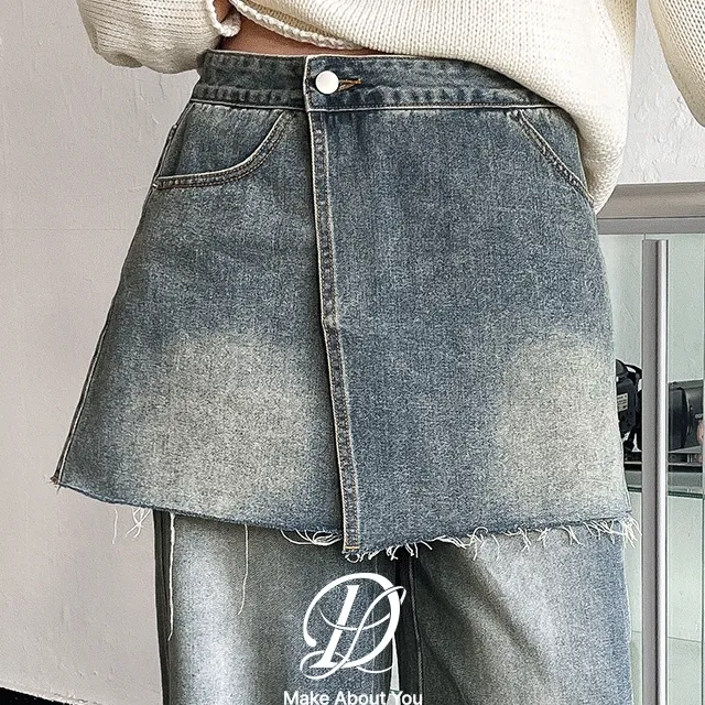 [MADE] 빅사이즈 S-4XL 파이튼 빈티지 워싱 데님 컷팅 레이어드 랩 미니 스커트