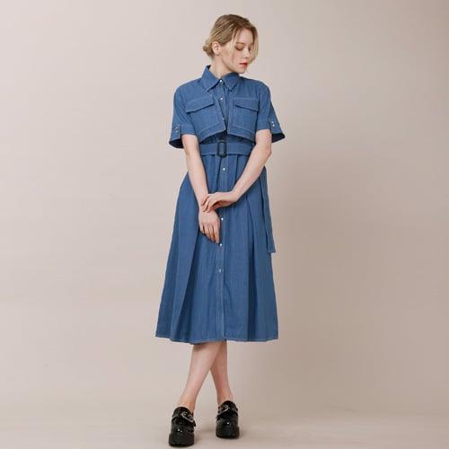 언발란스 커프스 반팔 셔츠 데님 롱원피스 (연청)