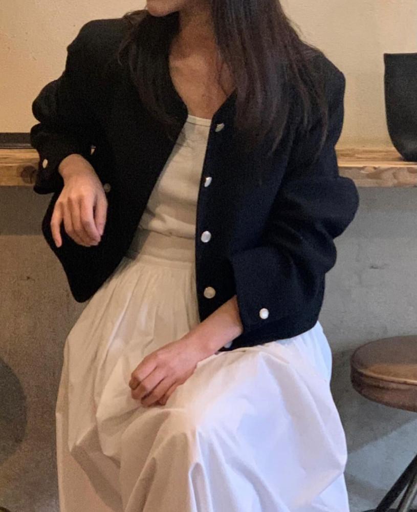 [아이 당일] 베르가못 캘리 트위드 울 코튼 노카라 라운드넥 봄 자켓(2color)