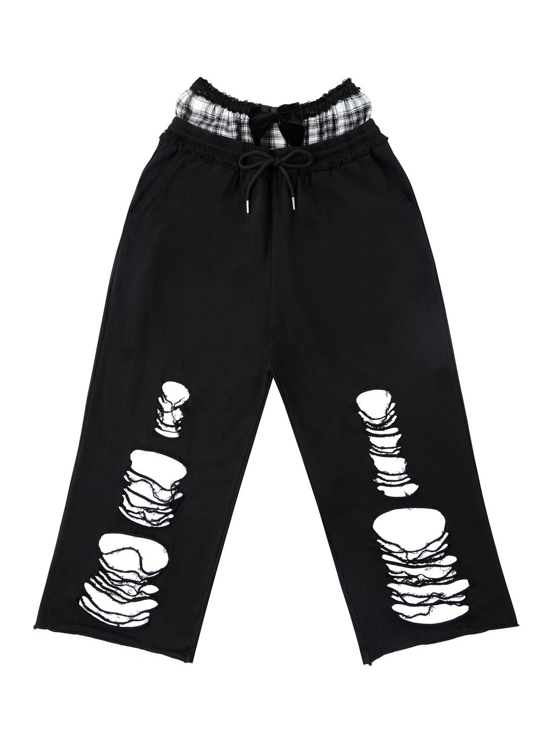 RIPPED DOUBLE WAIST SWEATPANTS - BLACK / S