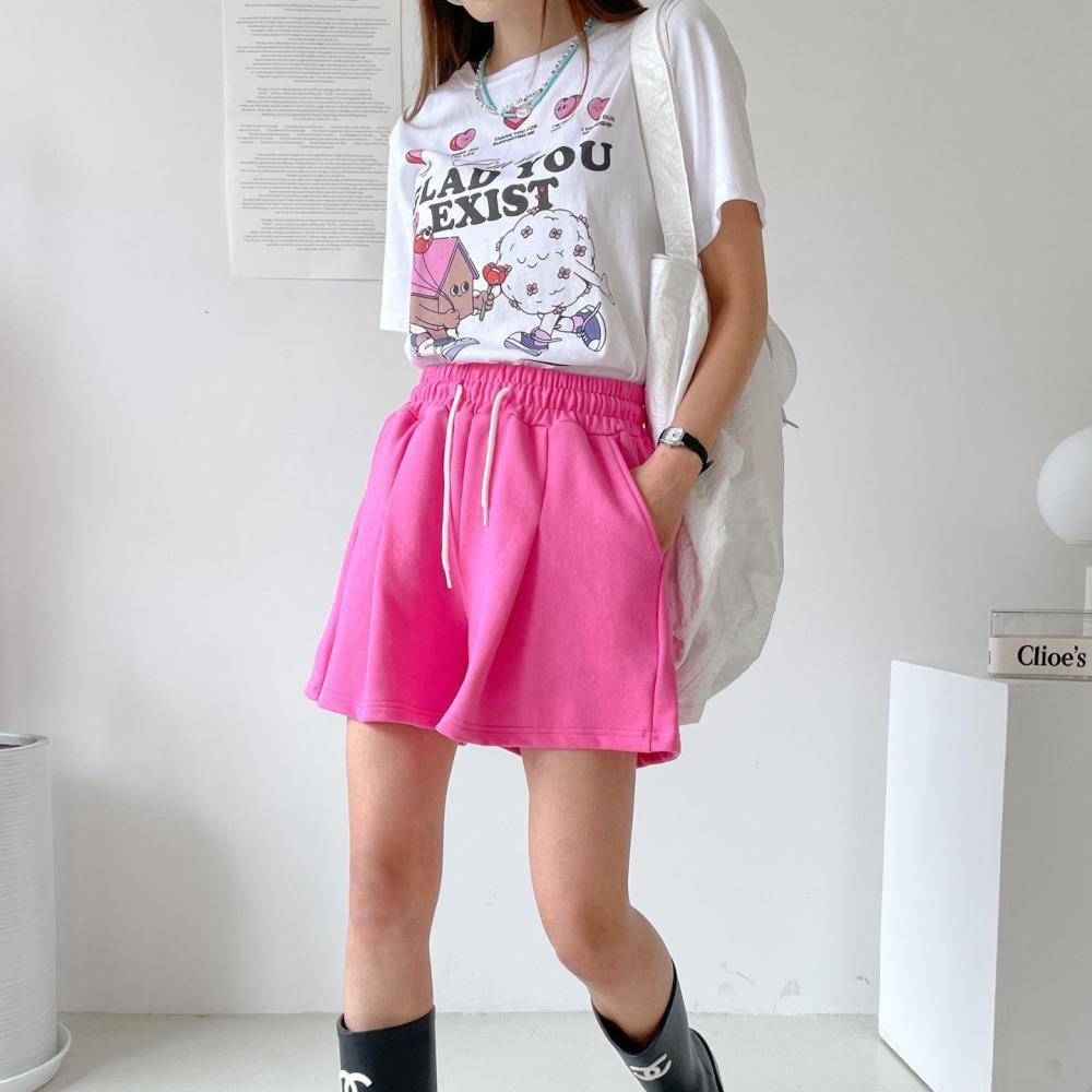 여자 핫핑크 여름 핀턱 트레이닝 마실룩 숏팬츠