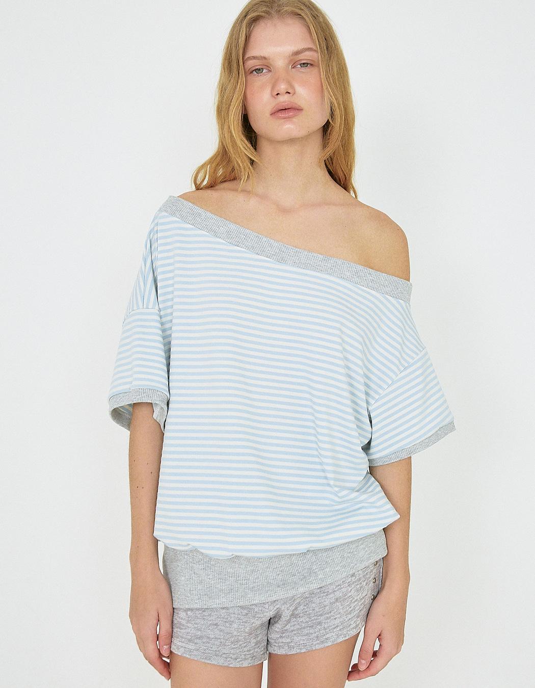 STRIPE ONE-SHOULDER TEE, SKY BLUE