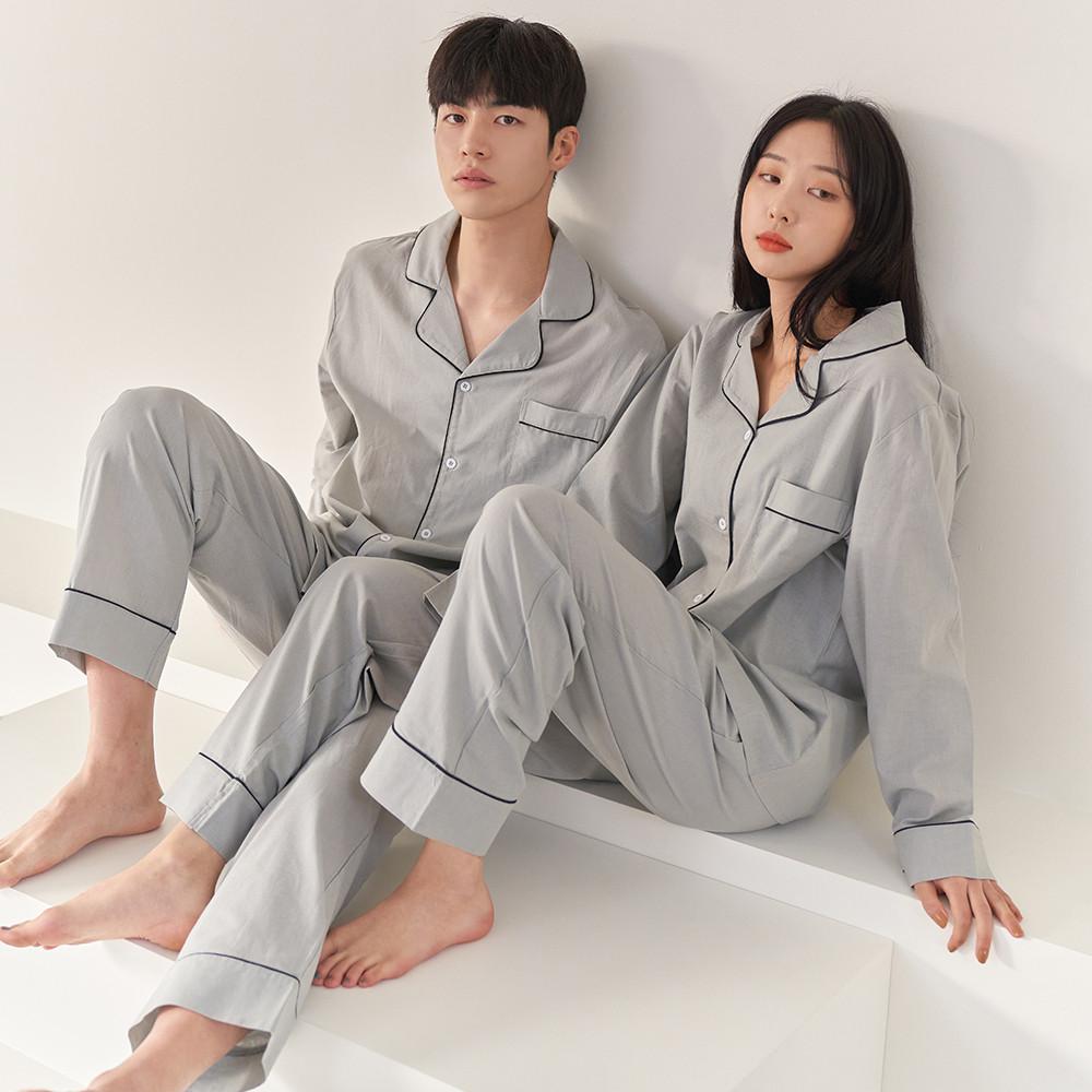 안파 커플 잠옷 파자마 홈웨어 선물 집들이 수면 신혼부부 무지 면 고급 그레이 긴팔 세트 ANPA08