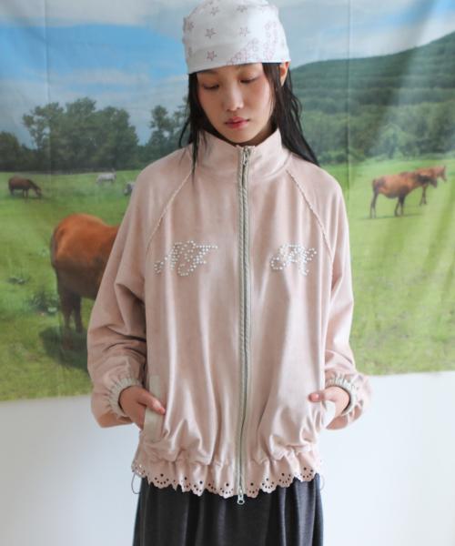 스웨이드 레이스 컷 펄 로고 집업 누드 핑크