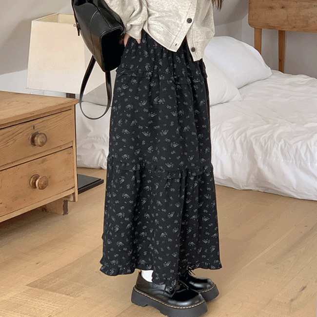 [가을신상🍂/빈티지] 피치플라워프릴밴딩롱스커트