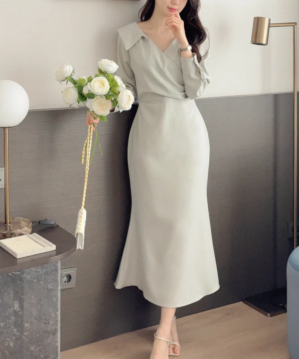 블루밍 카라 셔링 랩 머메이드 원피스