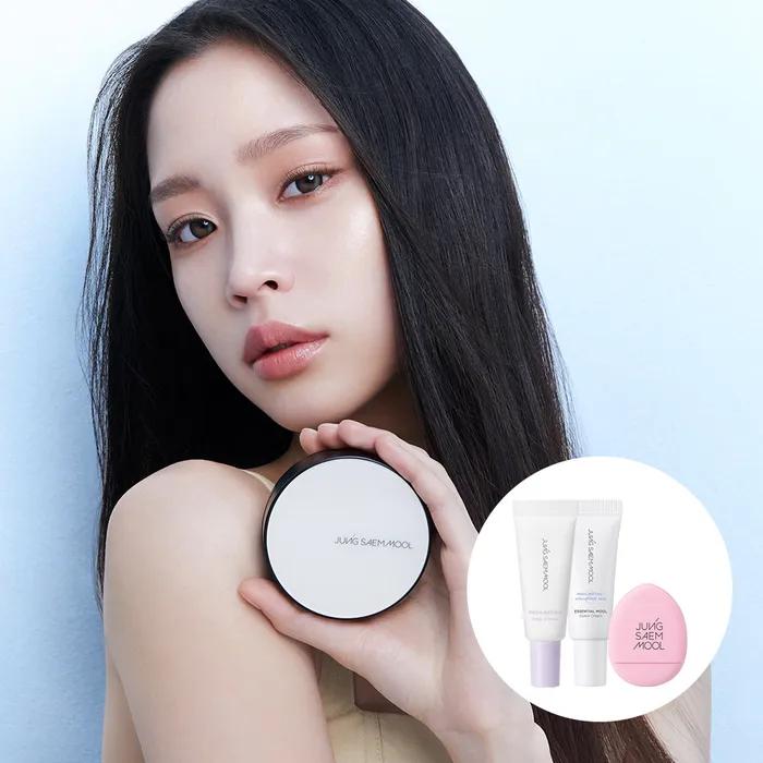 정샘물 에센셜 스킨 누더 쿠션 (리필포함) + 앰플선 5ml + 프렙프라이머5ml + 스키니탭퍼프 #핑크