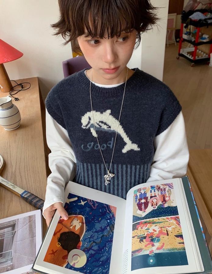 MeihaoStore 점프 돌핀 자카드 스웨터 베스트 (네이비 블루)