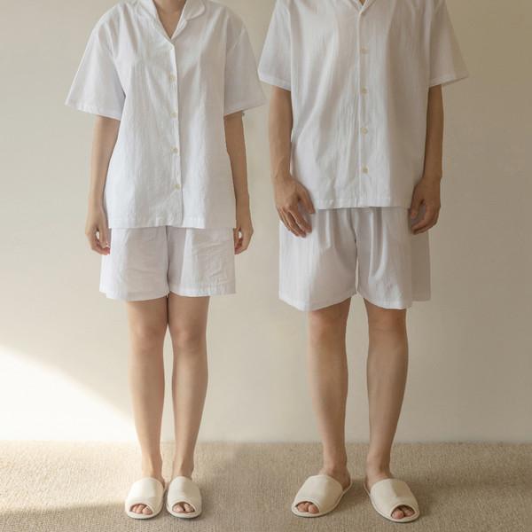 [코르] 순면 남녀 홈웨어 반소매 세트 화이트
