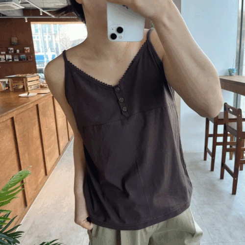 레이스 레이어드 단추 나시 티셔츠