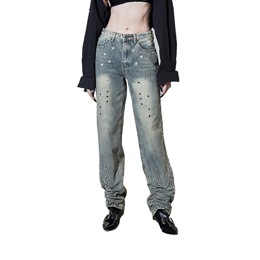 [KIMYO : 키묘] EYELET ANKLE SHIRRING WASHED DENIM PANTS