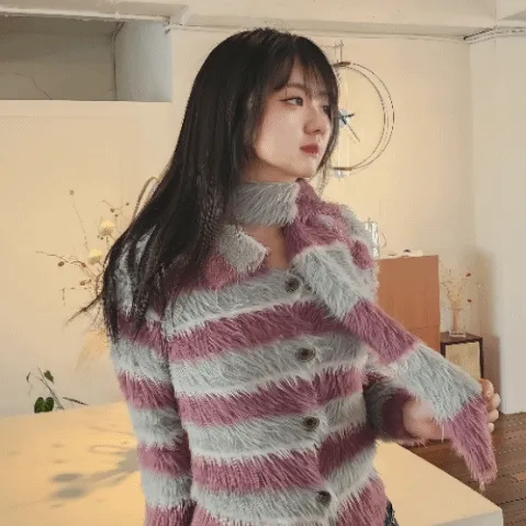 [y2k/유니크] 스트라이프 니트가디건 머플러 투피스 SET (2color)