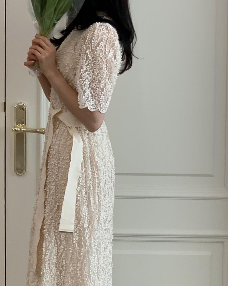 (당일발송) 벨티드 눈꽃 드레스 2color 셀프웨딩, 브라이덜샤워, 파티드레스