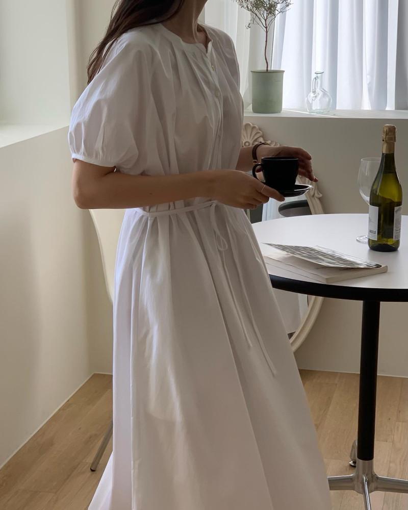 셔츠 핀턱 반팔 롱 나그랑 벌룬 퍼프 셔링 흰색 크림색 원피스 (2 color)