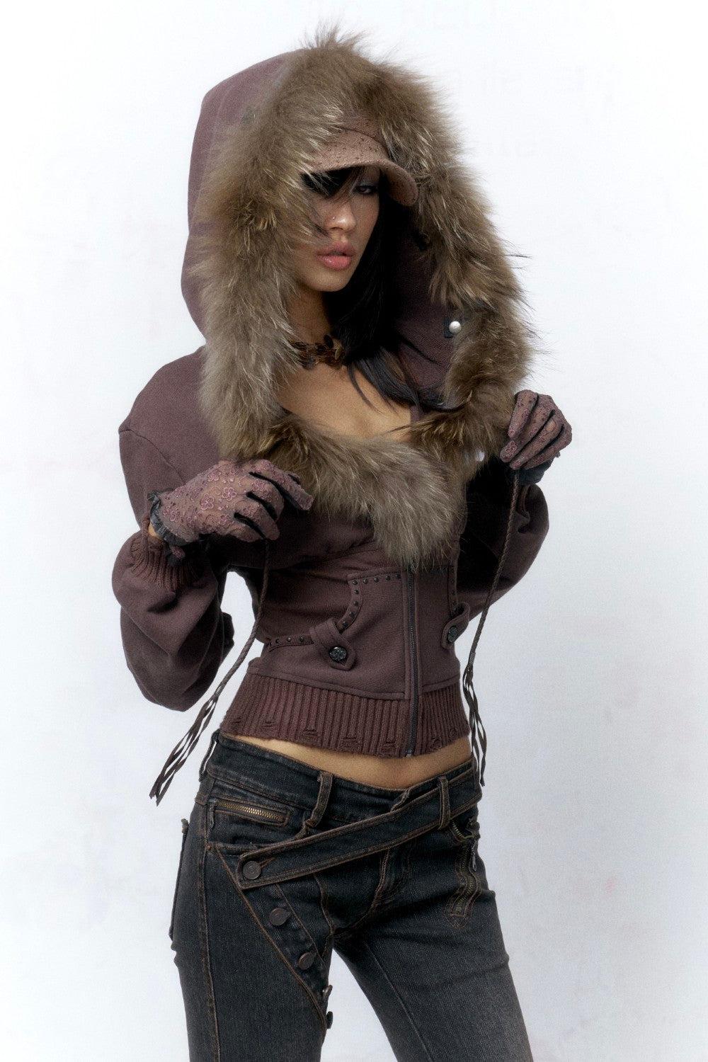 Cropped Coffee Hooded Jacket - S