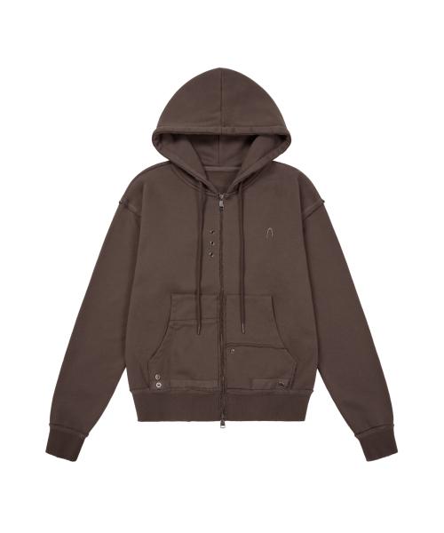 Eyelet Damaged Zip-Up Hoodie (Brown)