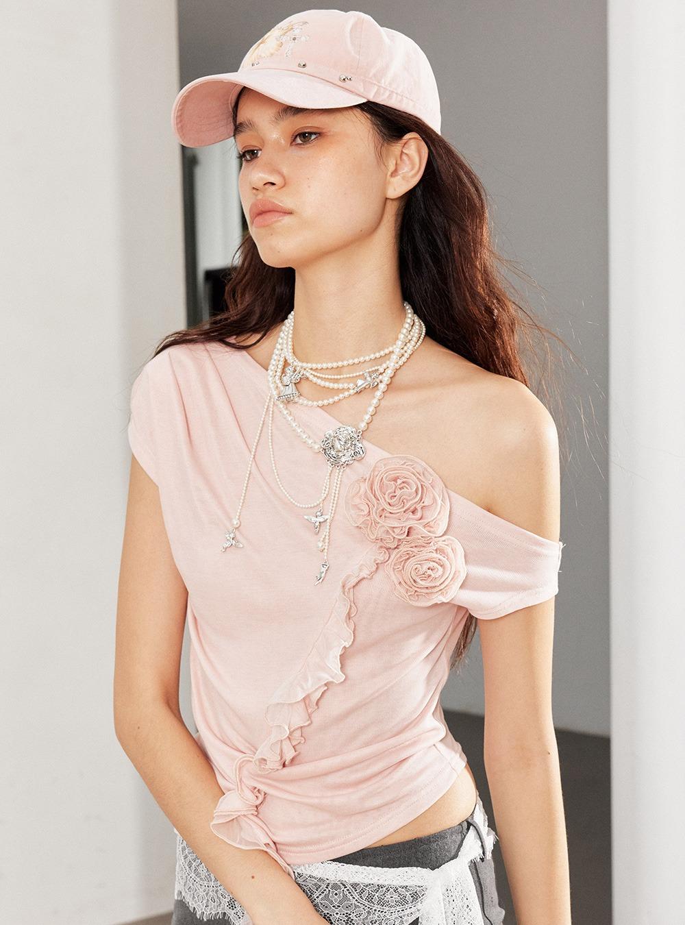 Floral Ruffle  Floral One-Shoulder Top (2color)