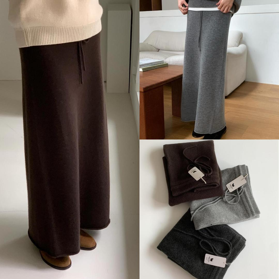 디어마이벨 (브라운 당일) 디엠버 로우 맥시 니트 스커트 여성 캐시미어 겨울 h라인 롱 스커트 3color