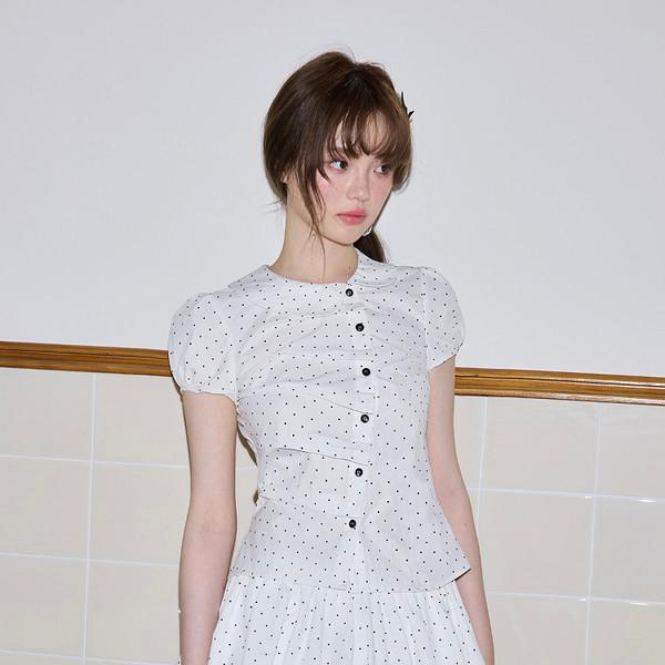 RN pleated polka-dot short-sleeve shirt doll flower bud skirt set
