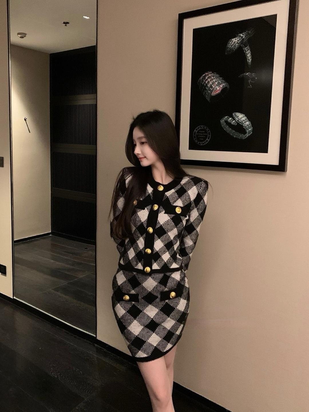 몬드 체크 니트 투피스 셋업