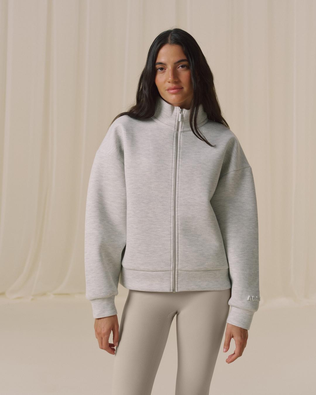 Bonded Funnel Neck Zip Sweatshirt - Light Grey Melange - S