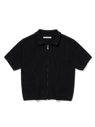 Skashi Cable Short Sleeve Knit Zipup [BLACK]