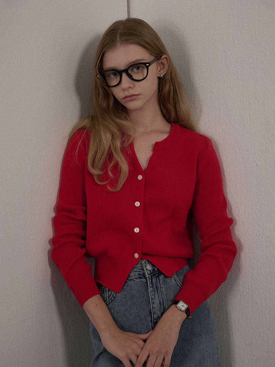 슬릿 골지 니트 가디건 레드