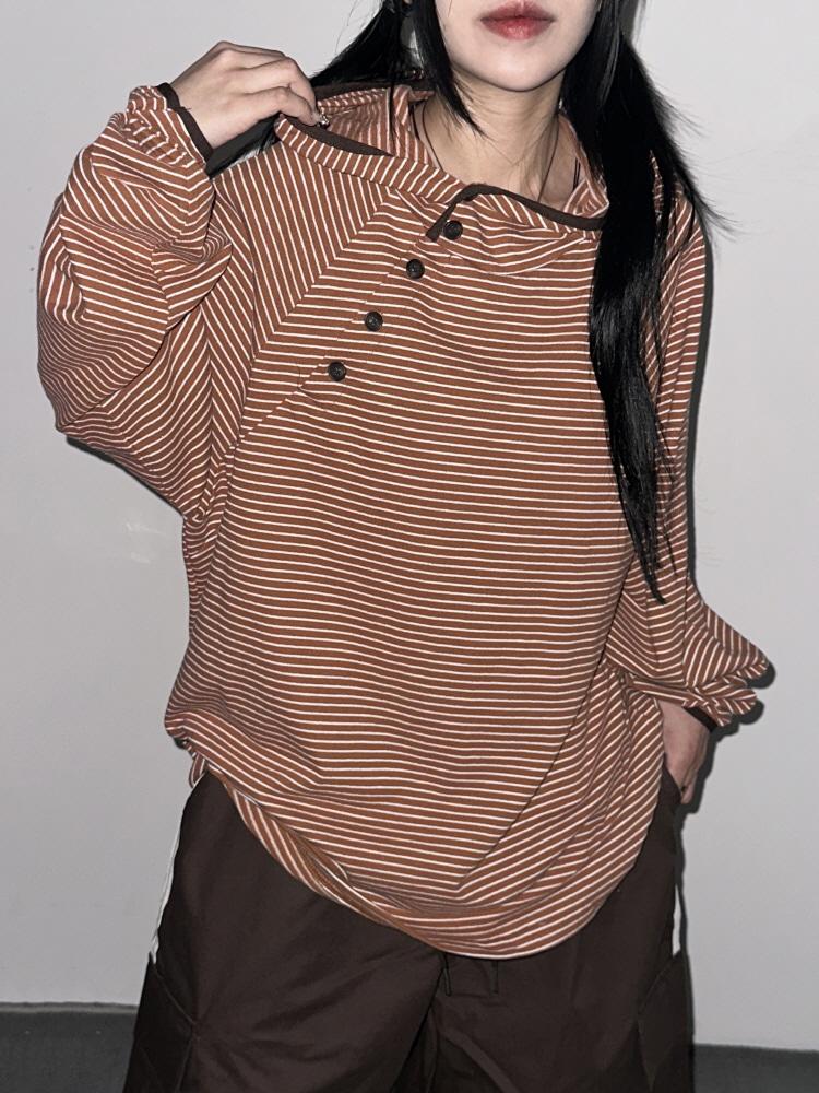 [UNISEX]빈티지 칸초 바라클라바 크로스 버튼 포인트 후드 키치 스트라이프 루즈 티셔츠(3color)