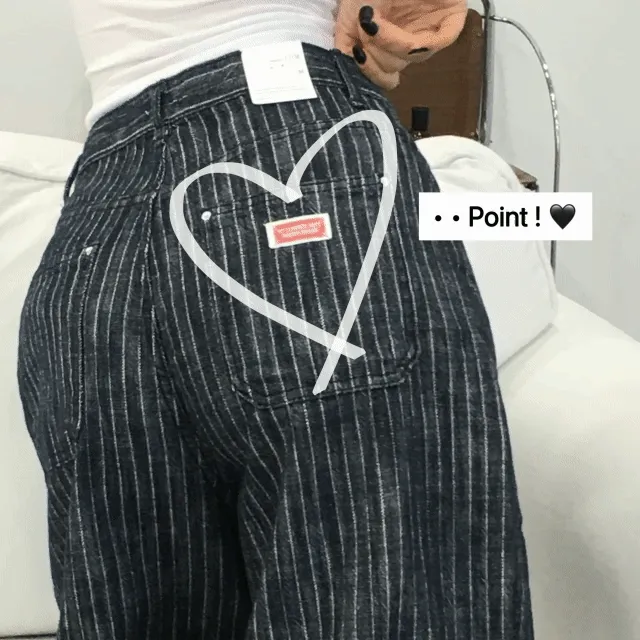 [당일배송/패치포인트] 스트라이프 포켓 패치 와이드 데님 팬츠