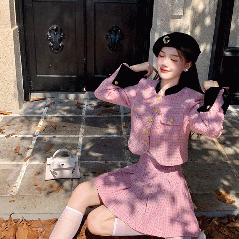 [브라운S 당일배송/봄신상/세트] 블랙 투톤 골드버튼 라운드엣지 크롭 트위드자켓 + 하이웨스트 플리츠 미니스커트 투피스 셋업 봄하객룩 결혼식 상견례 데이트 여친룩 캠퍼스 데일리