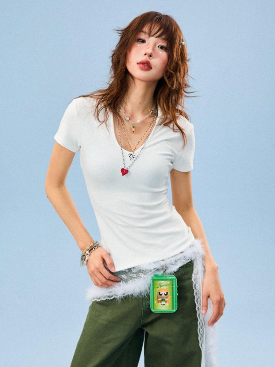 YOUNG STAGE Lapel Collar V-neck T-shirt (2color)