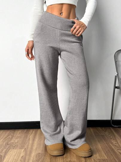 SHEIN EZwear Plain Color High Waist Flared Hem Knit Palazzo Pants, Casual Style, Autumn/Winter